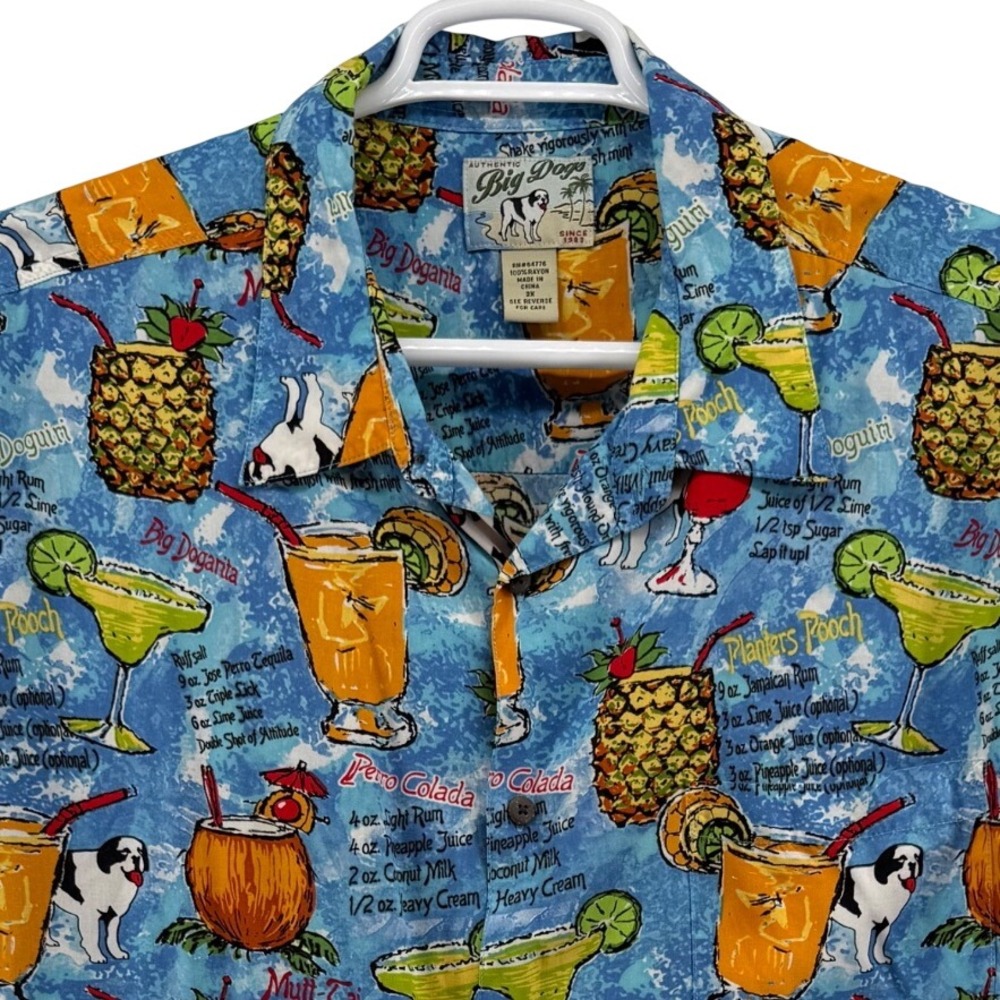 Big Dogs Mens 2X Blue Cocktail Recipe Rayon Hawaiian Camp Shirt Big Dogarita